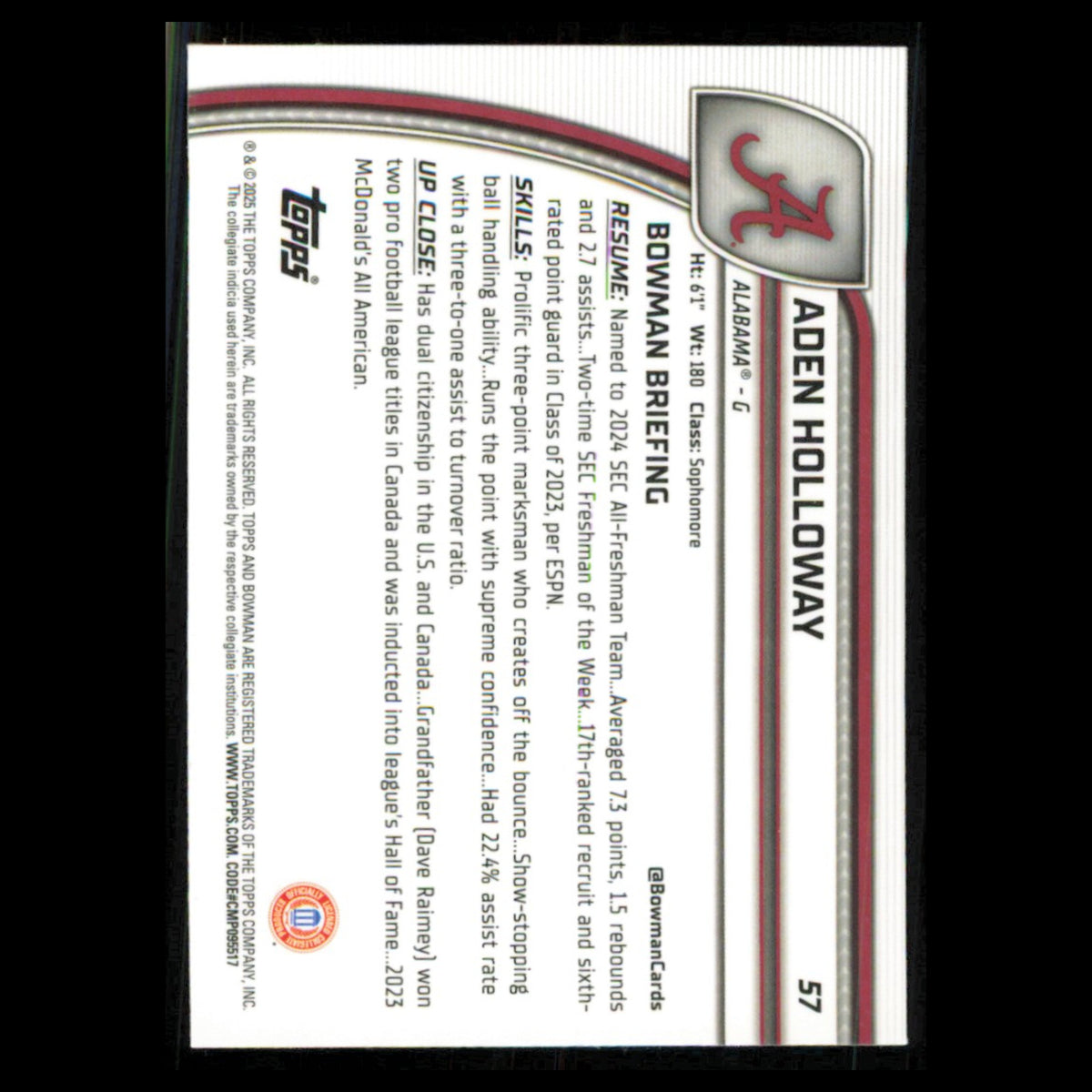 Aden Holloway #57 2024 Bowman University Chrome Alabama Crimson Tide Basketball