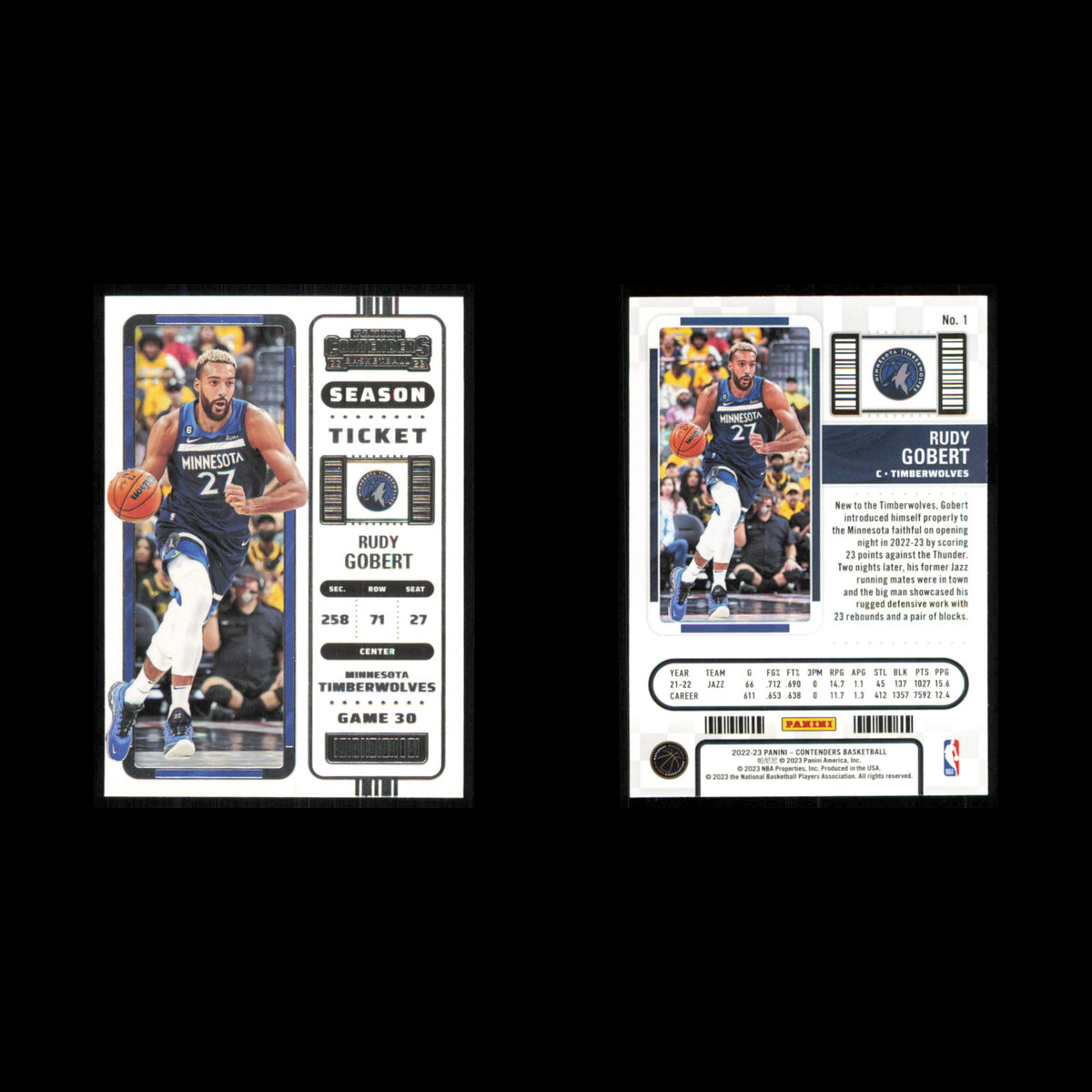 Rudy Gobert #1 2022 Panini Contenders Season Ticket Minnesota Timberwolves Card