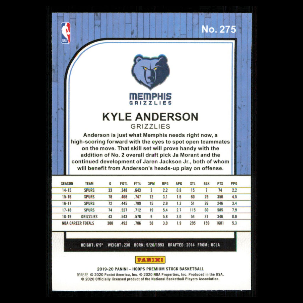 Kyle Anderson #275 2019 Hoops Premium Stock Memphis Grizzlies Basketball Card NM