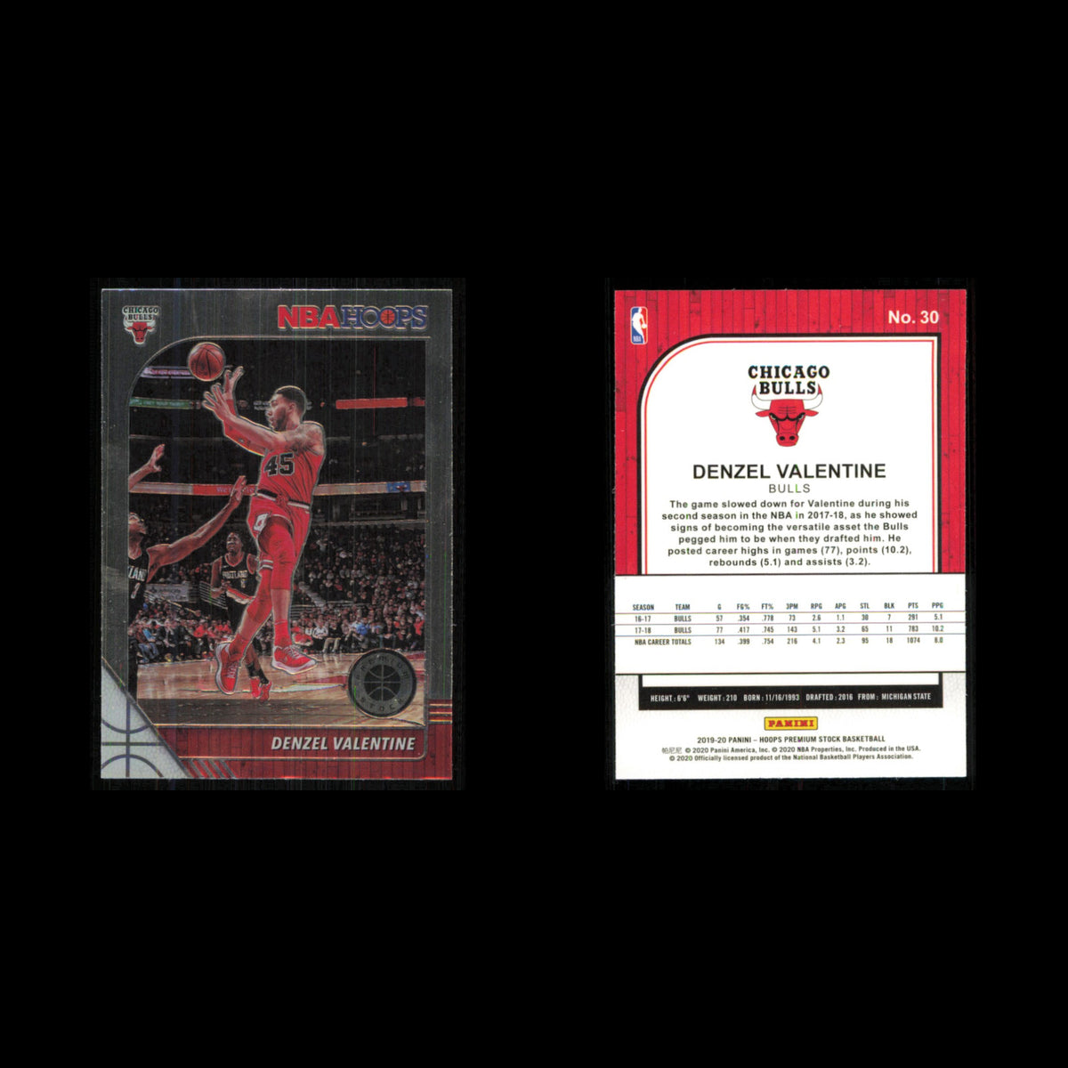 Denzel Valentine #30 2019 Hoops Premium Stock Chicago Bulls Basketball Card NBA