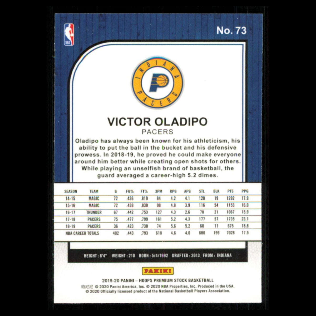 Victor Oladipo #73 2019 Hoops Premium Stock Indiana Pacers Basketball Card NBA