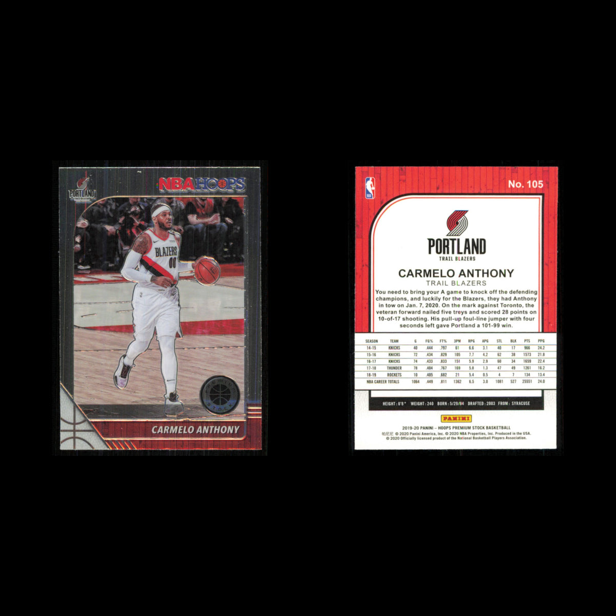 Carmelo Anthony #105 2019 Hoops Premium Stock Portland Trail Blazers Basketball