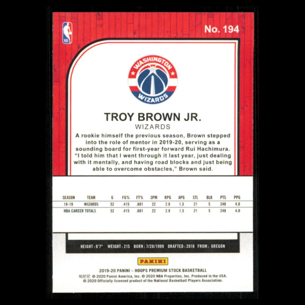 Troy Brown Jr. #194 2019 Hoops Premium Stock Washington Wizards Basketball Card