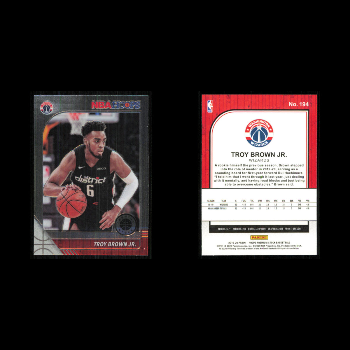 Troy Brown Jr. #194 2019 Hoops Premium Stock Washington Wizards Basketball Card