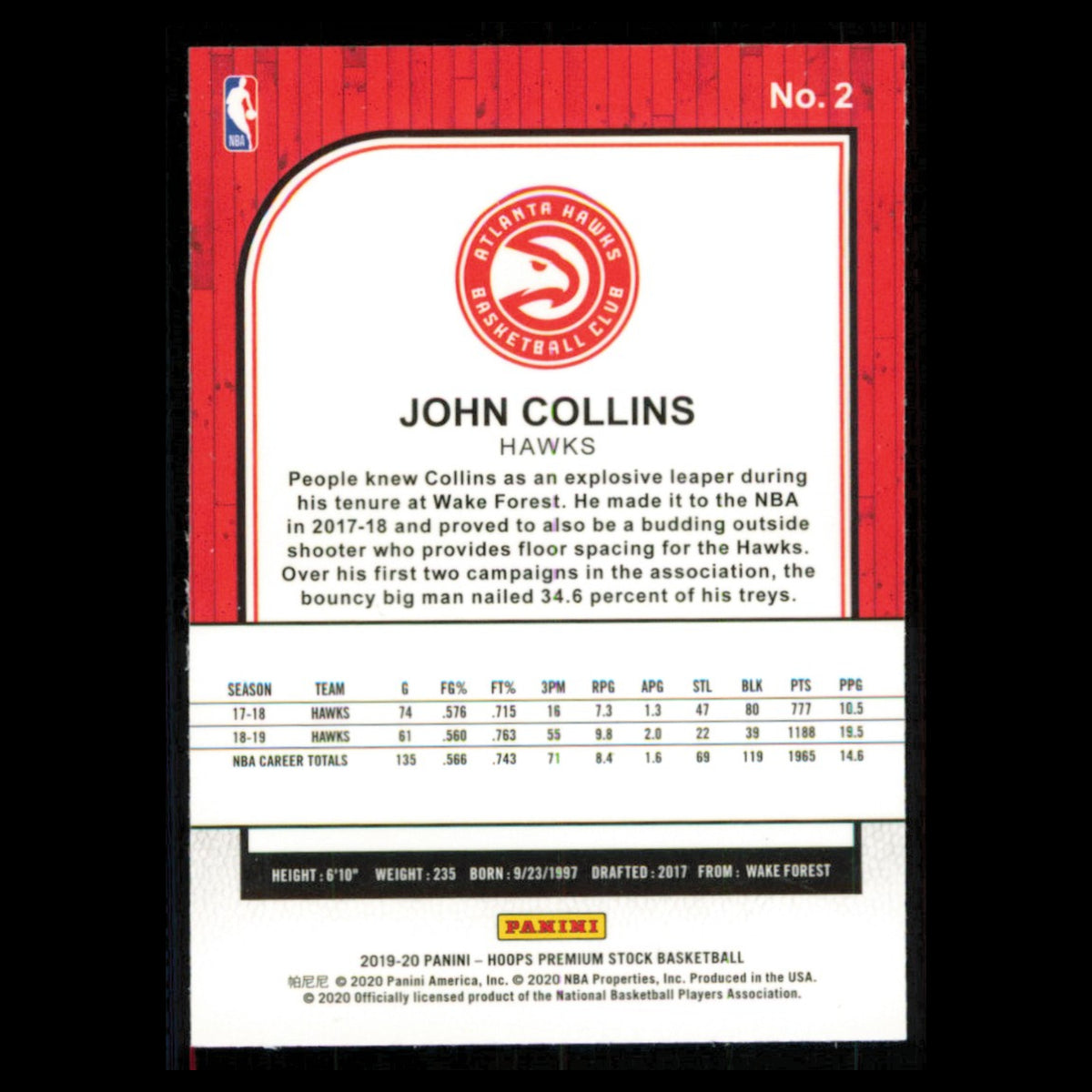 John Collins #2 2019 Hoops Premium Stock Atlanta Hawks Basketball Card NBA NM
