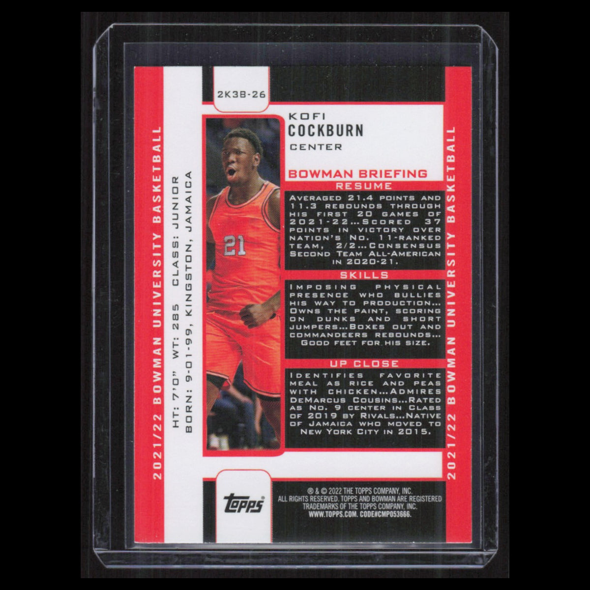 Kofi Cockburn #2K3B-26 2022 Bowman University Basketball Card NBA NM