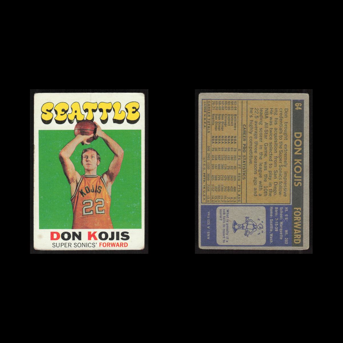 Don Kojis #64 1971 Topps Seattle SuperSonics Basketball Card NBA NM