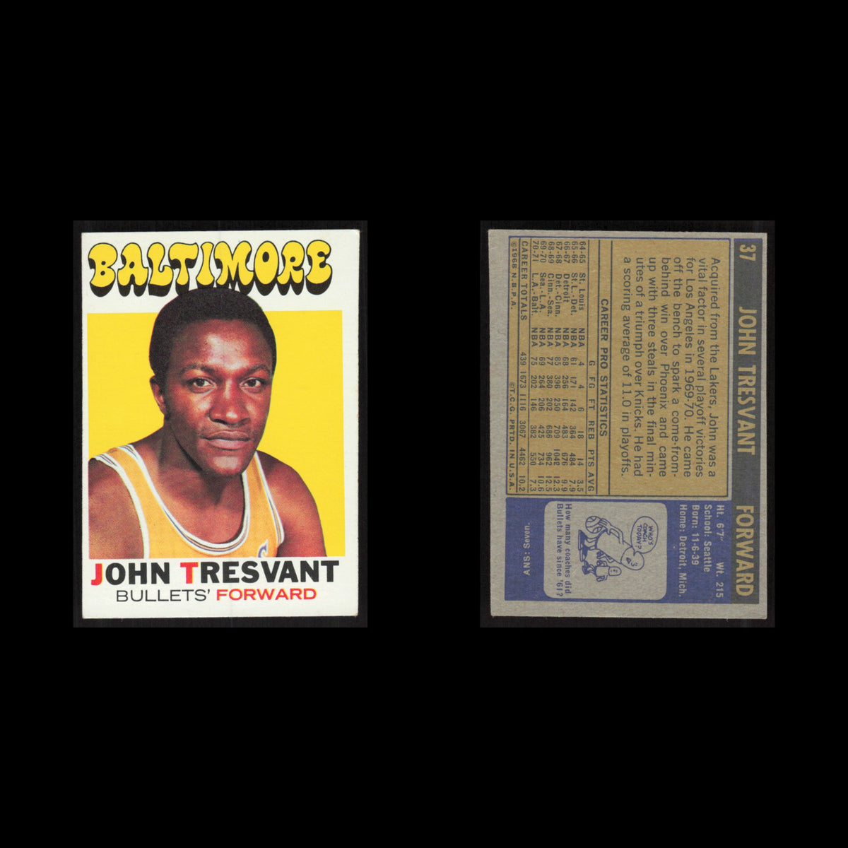 John Tresvant #37 1971 Topps Baltimore Bullets Basketball Card NBA NM