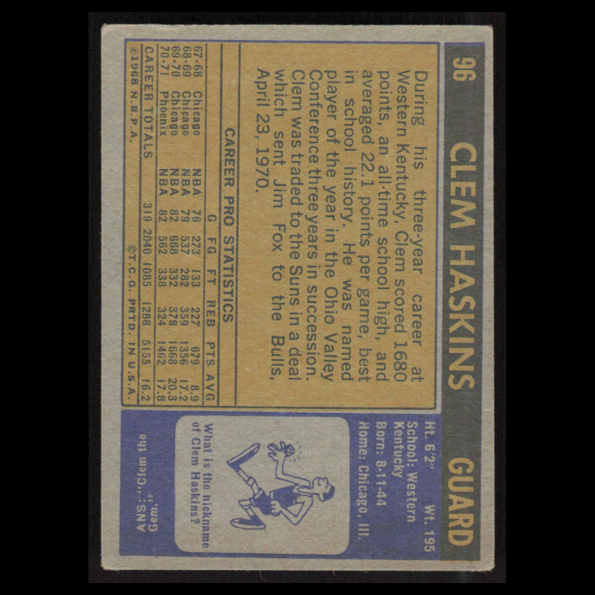 Clem Haskins #96 1971 Topps Phoenix Suns Basketball Card NBA NM