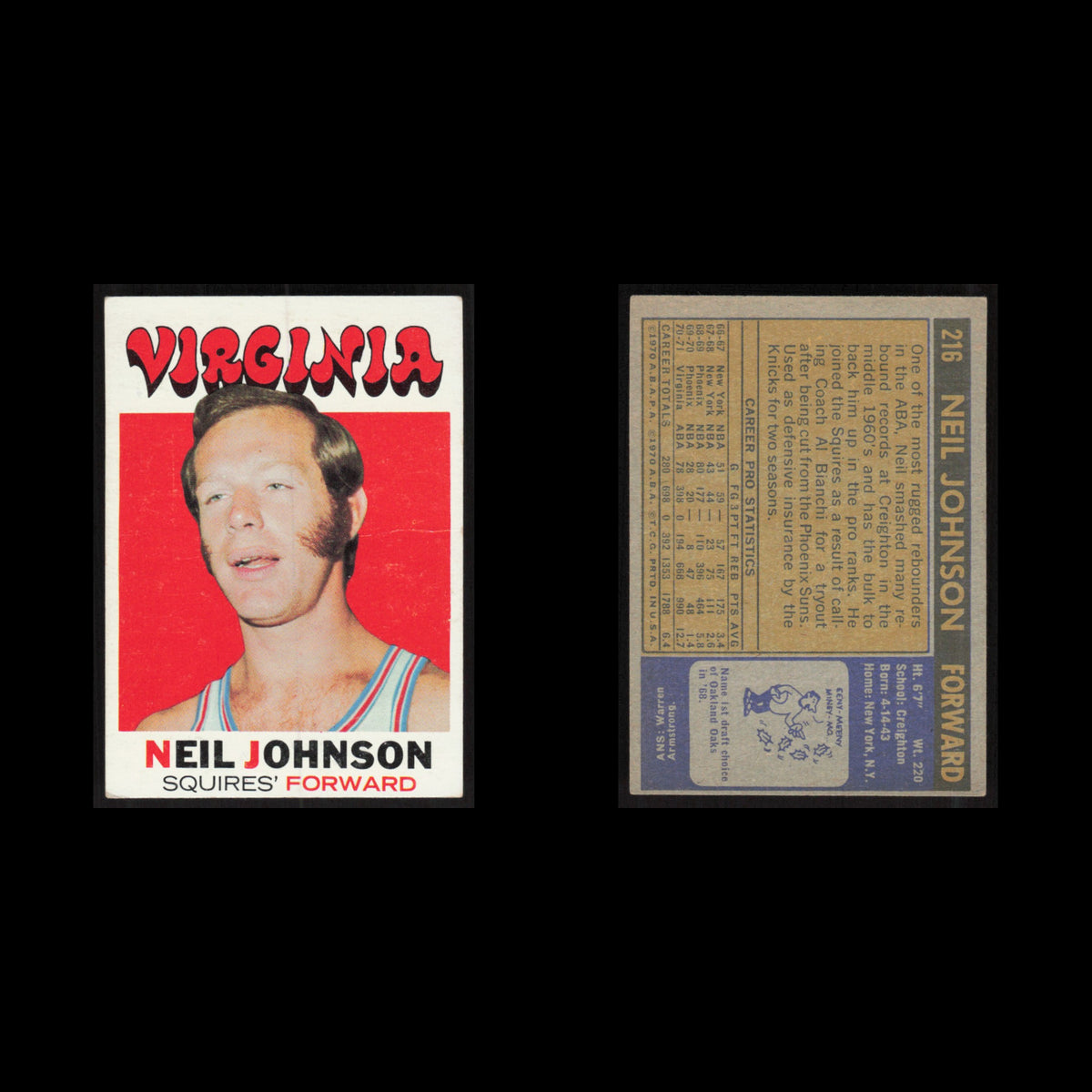 Neil Johnson #216 1971 Topps Virginia Squires Basketball Card NBA VG