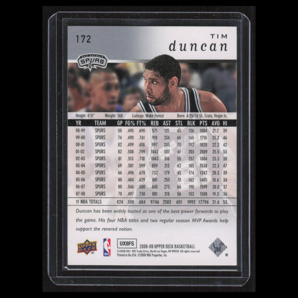 Tim Duncan #172 2008 Upper Deck San Antonio Spurs Basketball Card NBA NM