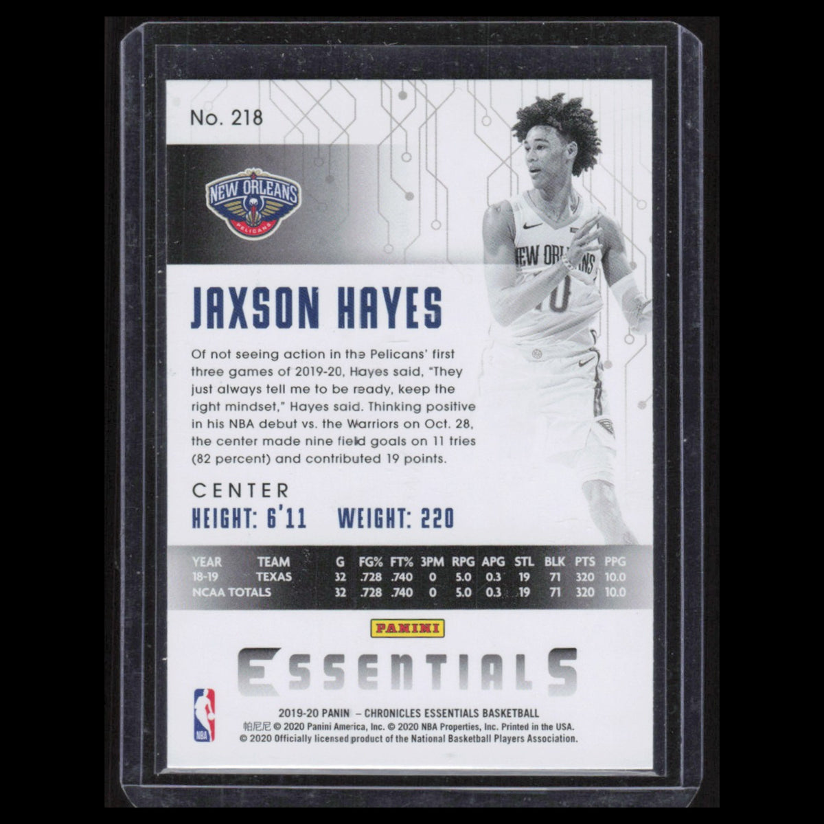 Jaxson Hayes Rookie #218 2019 Panini Chronicles New Orleans Pelicans Basketball