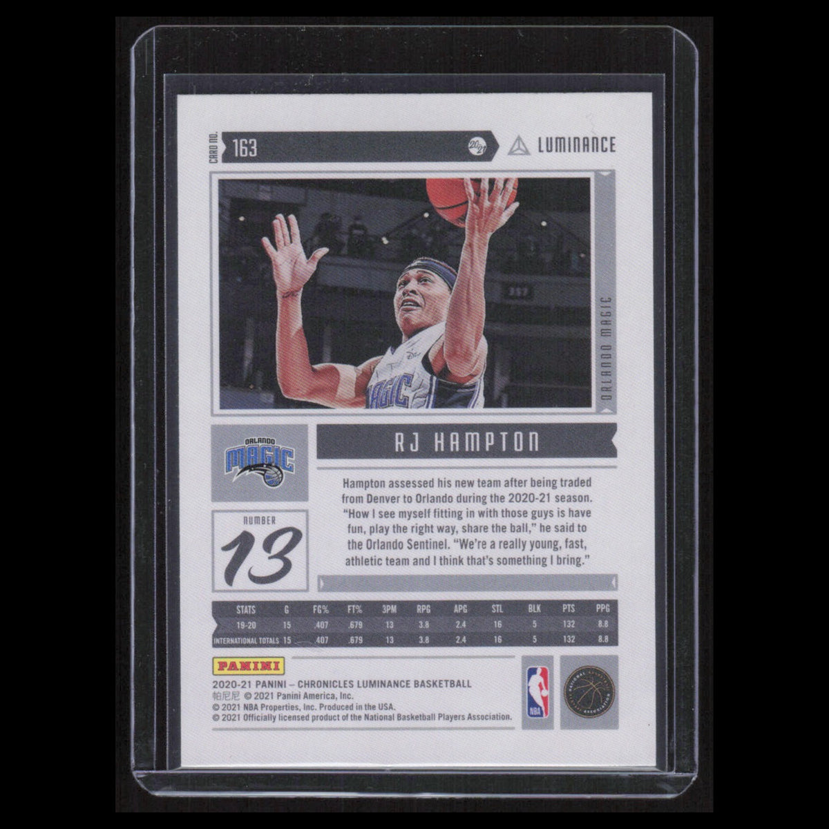 RJ Hampton Rookie #163 2020 Panini Luminance Orlando Magic Basketball Card NBA