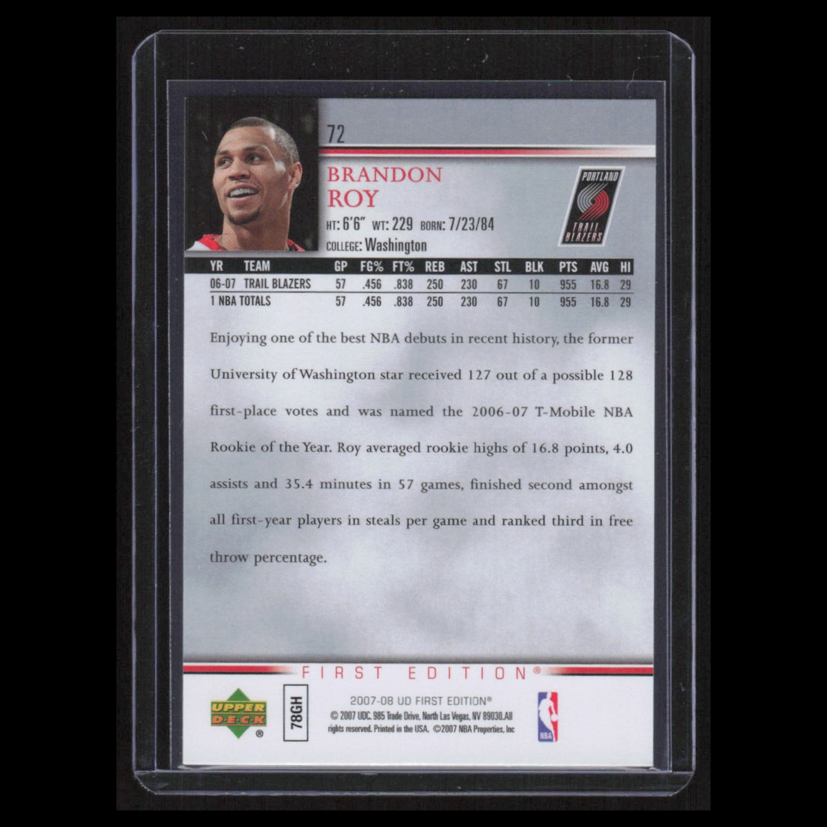Brandon Roy #72 2007 Upper Deck First Edition Portland Trail Blazers Basketball