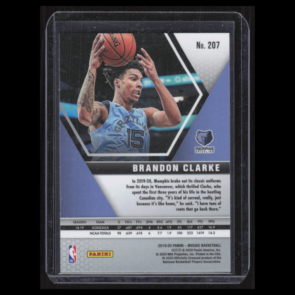 Brandon Clarke Rookie #207 2019 Panini Mosaic Memphis Grizzlies Basketball Card