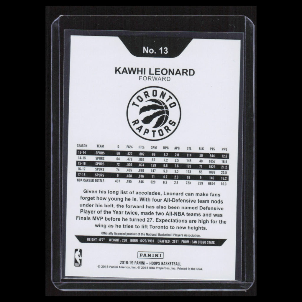 Kawhi Leonard #13 2018 Hoops Toronto Raptors Basketball Card NBA NM