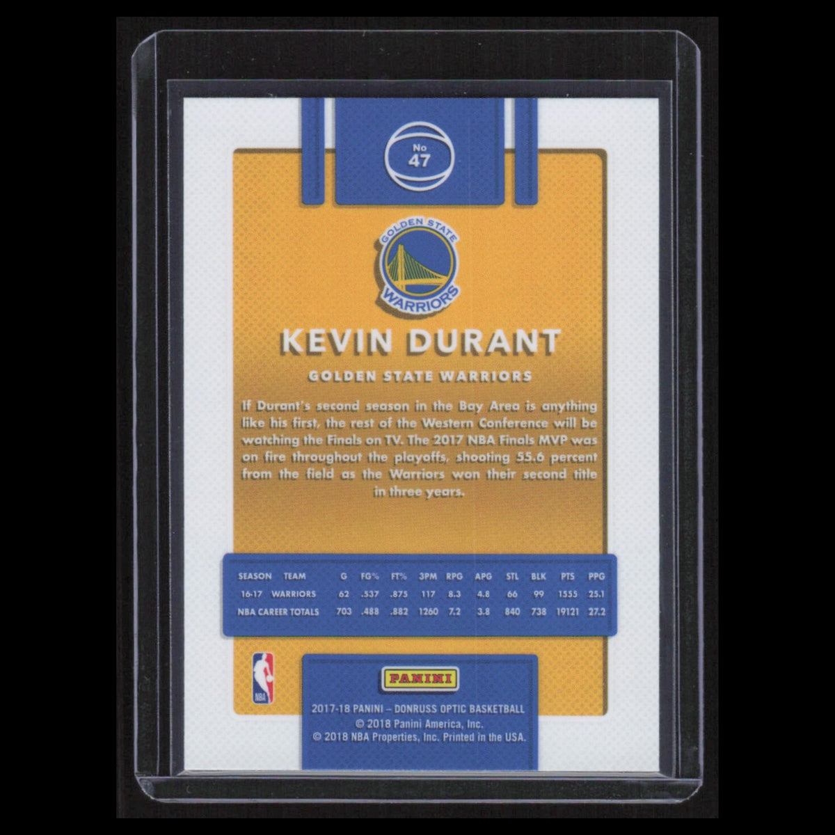 Kevin Durant #47 KD 2017 Donruss Optic Golden State Warriors Basketball Card NBA