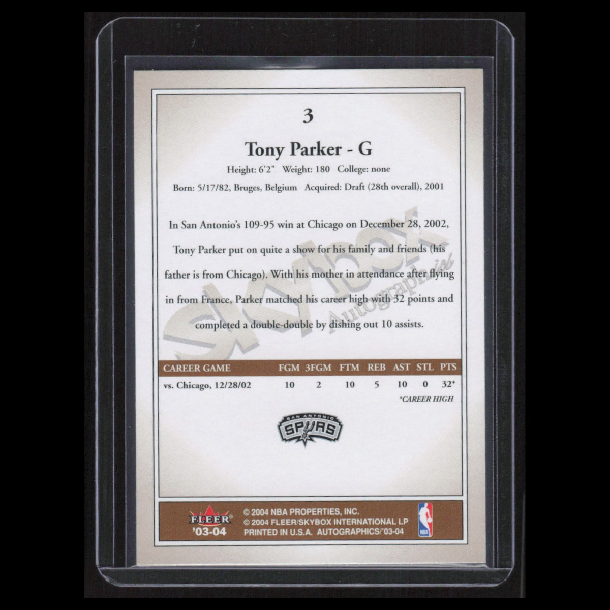 Tony Parker #3 2003 SkyBox Autographics San Antonio Spurs Basketball Card NBA NM
