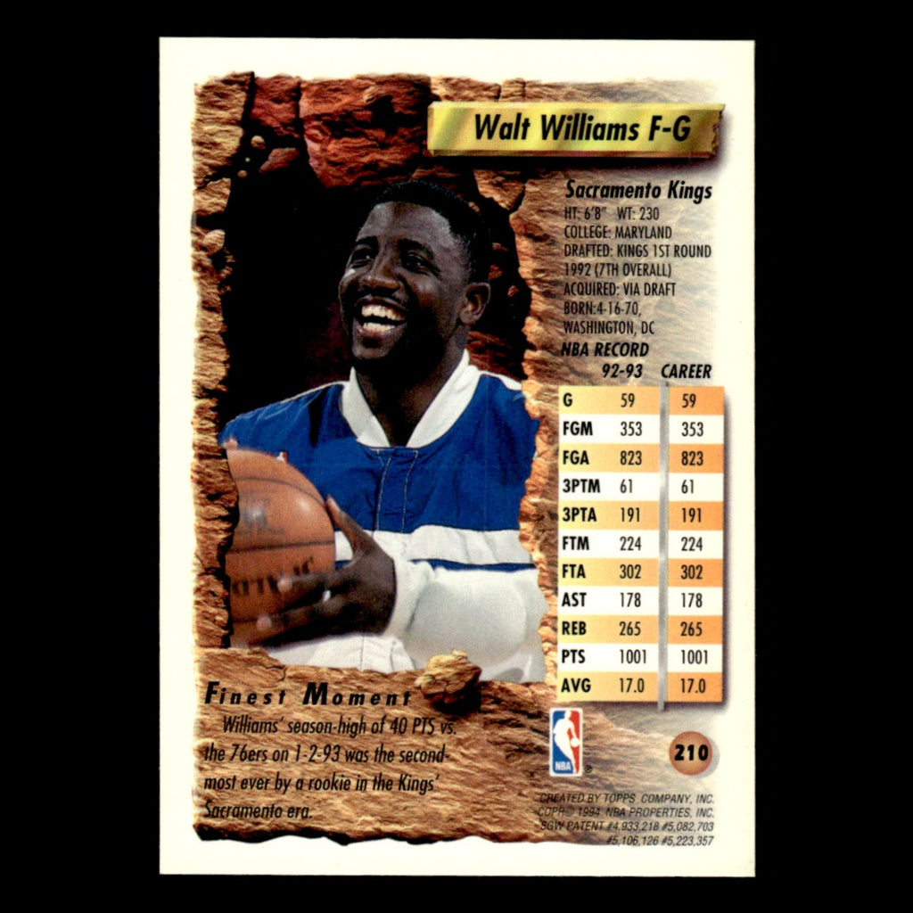 Walt Williams #210 1993 Topps Finest Sacramento Kings Basketball Card NBA NM