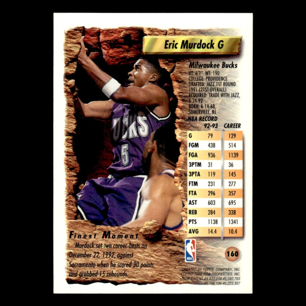 Eric Murdock #160 1993 Topps Finest Milwaukee Bucks Basketball Card NBA NM