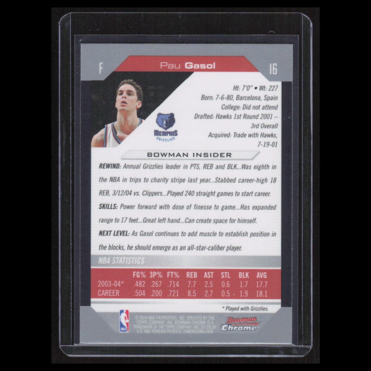 Pau Gasol #16 2004 Bowman Chrome Memphis Grizzlies Basketball Card NBA NM