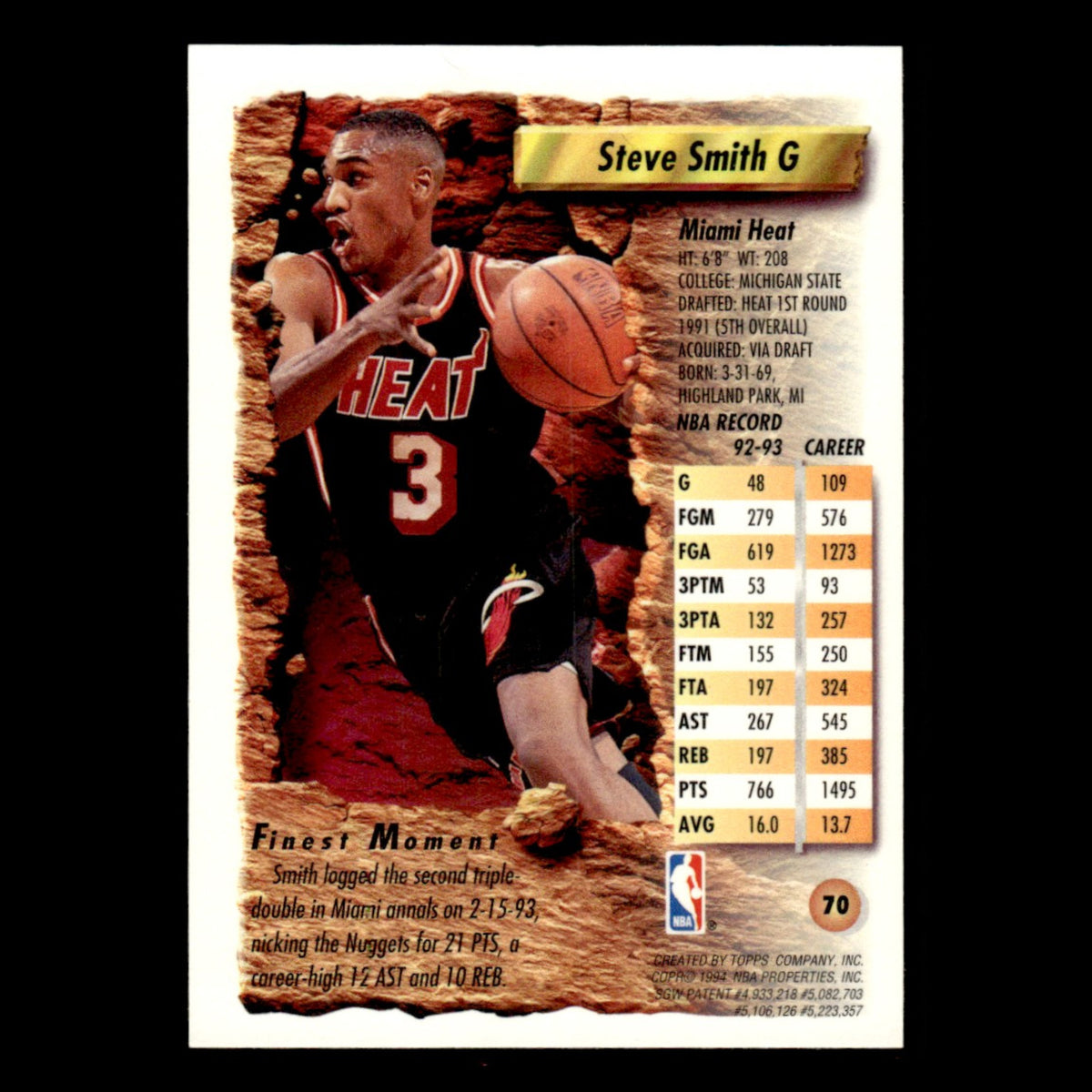 Steve Smith #70 1993 Topps Finest Miami Heat Basketball Card NBA NM