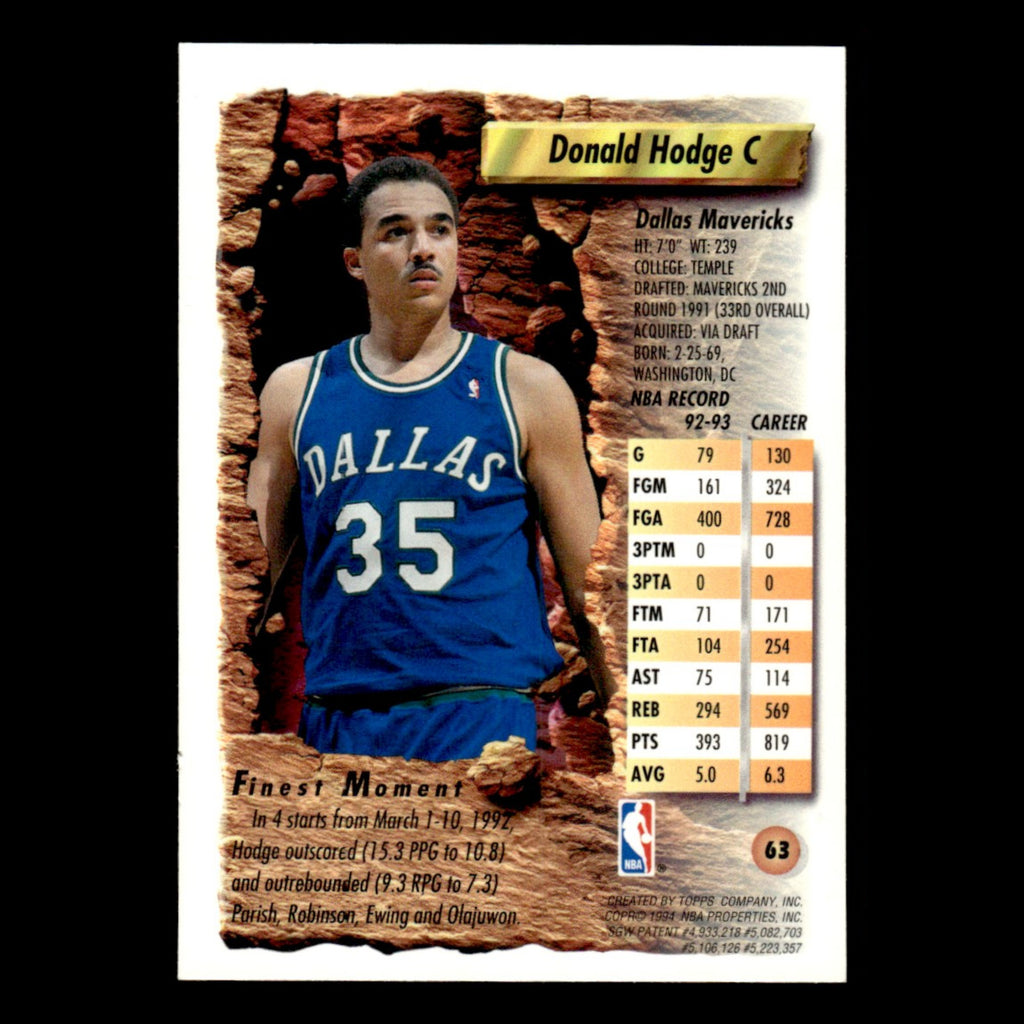 Donald Hodge #63 1993 Topps Finest Dallas Mavericks Basketball Card NBA NM