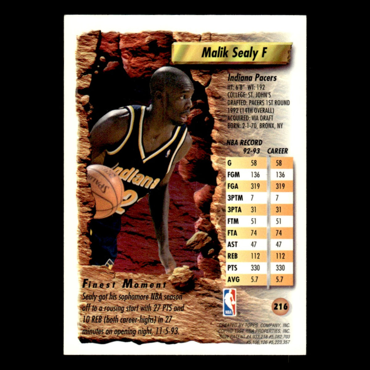 Malik Sealy #216 1993 Topps Finest Indiana Pacers Basketball Card NBA NM