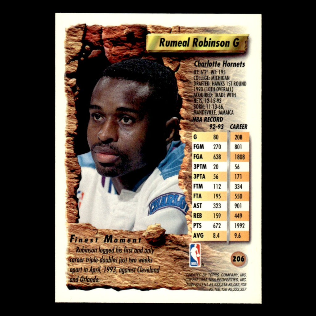 Rumeal Robinson #206 1993 Topps Finest Charlotte Hornets Basketball Card NBA NM