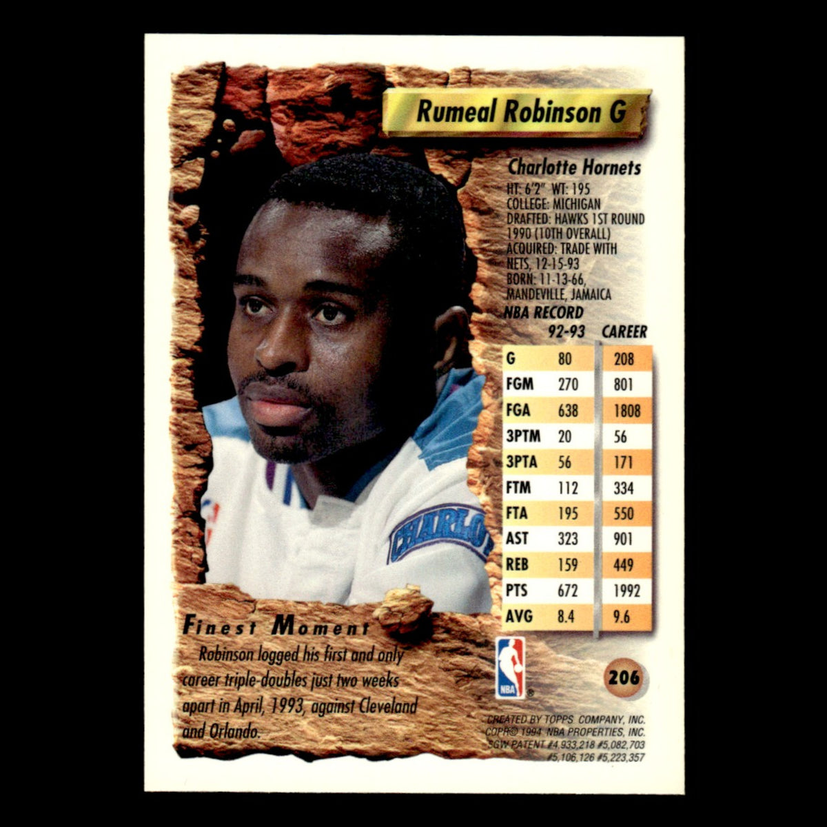 Rumeal Robinson #206 1993 Topps Finest Charlotte Hornets Basketball Card NBA NM