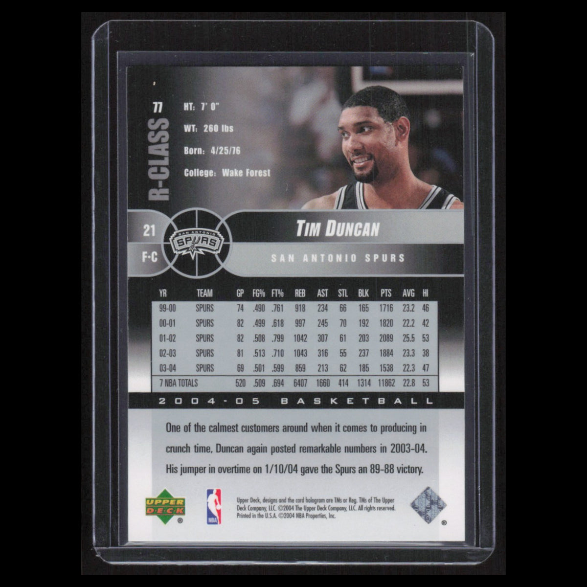 Tim Duncan #77 2004 Upper Deck R-Class San Antonio Spurs Basketball Card NBA NM