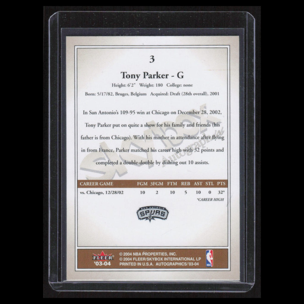 Tony Parker #3 2003 SkyBox Autographics San Antonio Spurs Basketball Card NBA NM