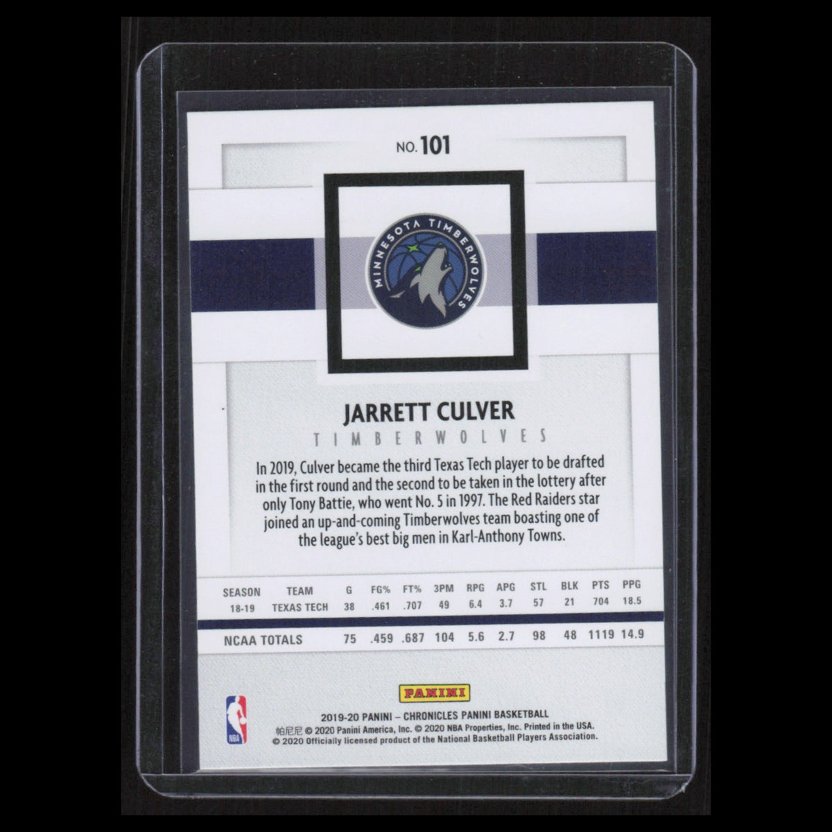 Jarrett Culver Rookie #101 2019 Panini Chronicles Minnesota Timberwolves Card NM