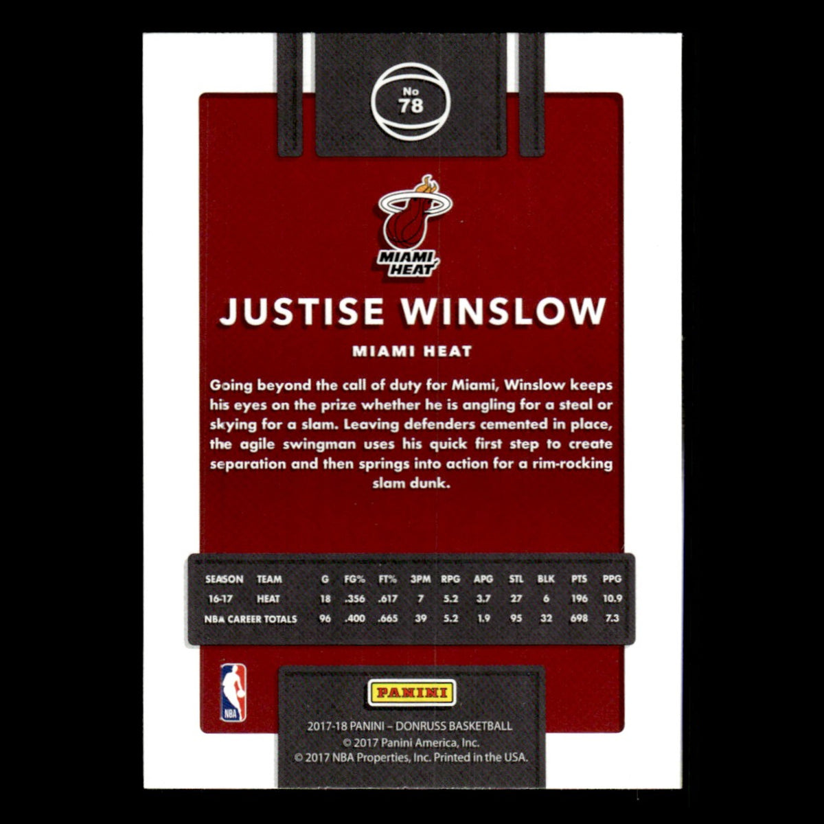 Justise Winslow #78 2017 Donruss Miami Heat Basketball Card NBA NM