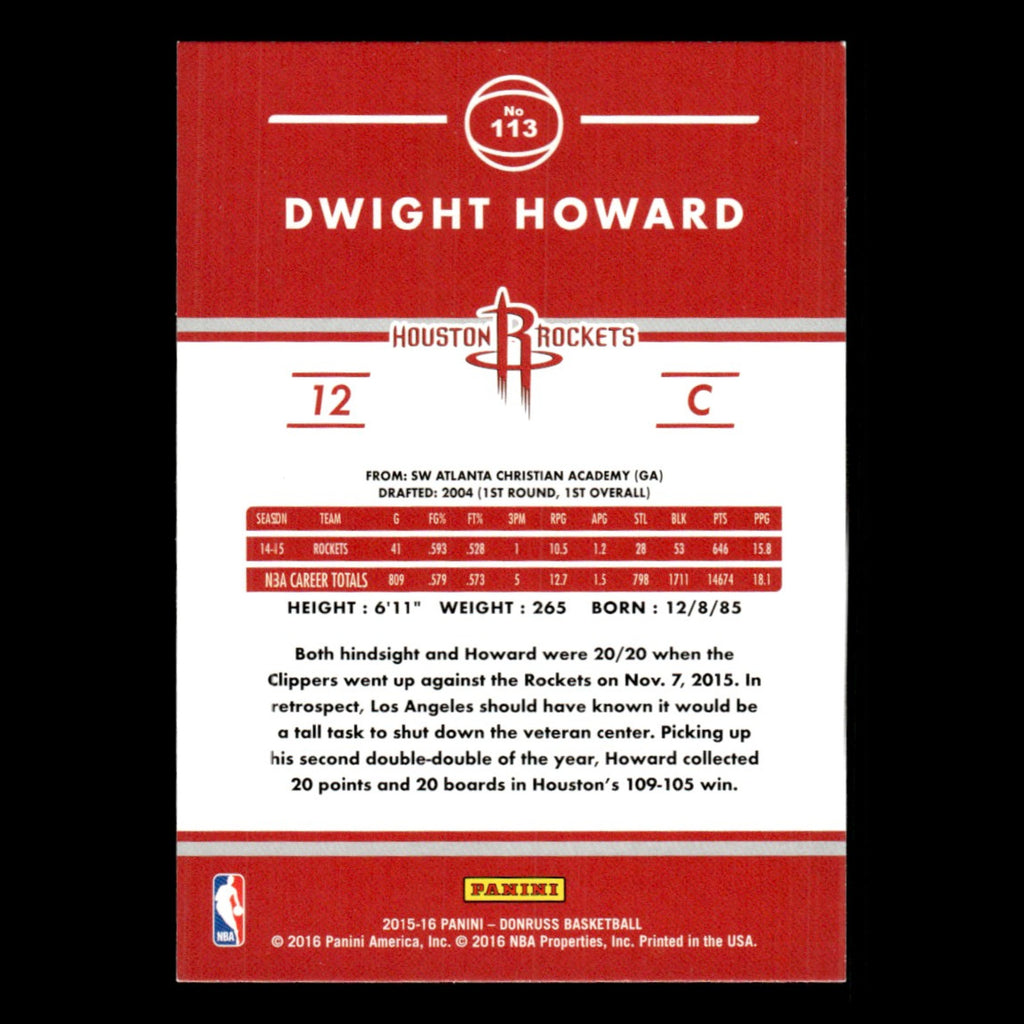 Dwight Howard #113 2015 Donruss Houston Rockets Basketball Card NBA NM