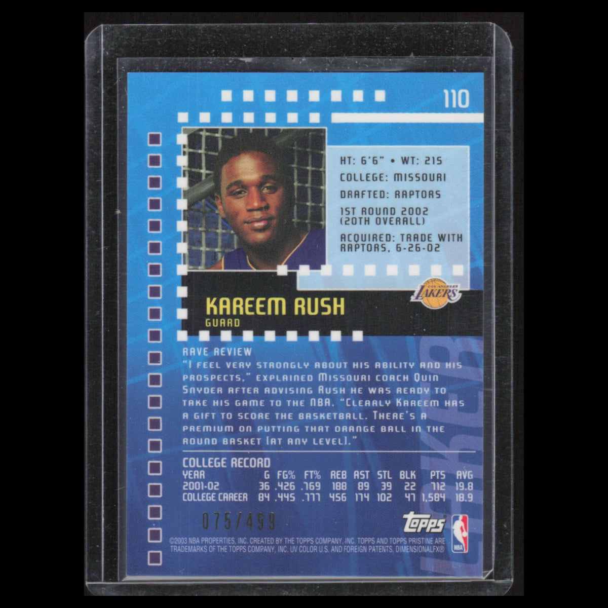Kareem Rush Rookie /499 #110 2002 Topps Pristine Los Angeles Lakers Basketball