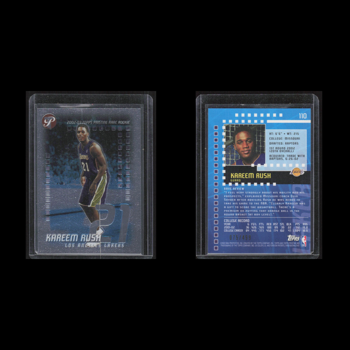 Kareem Rush Rookie /499 #110 2002 Topps Pristine Los Angeles Lakers Basketball