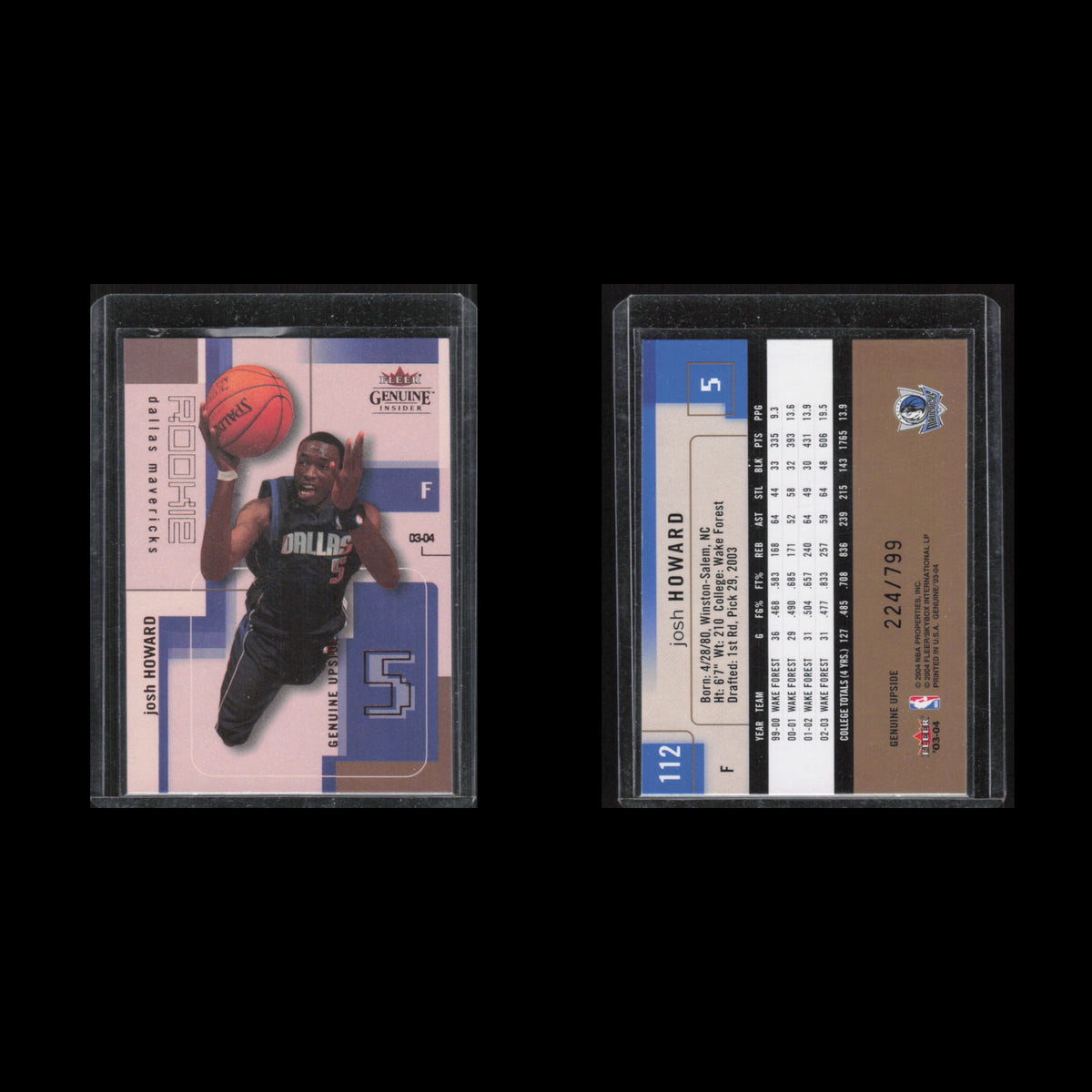 Josh Howard Rookie /799 #112 2003 Fleer Genuine Insider Dallas Mavericks Card NM
