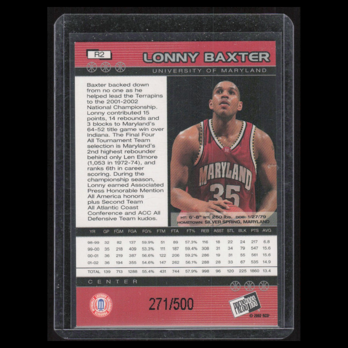 Lonny Baxter /500 #R2 2002 Press Pass Maryland Terps Basketball Card NBA NM