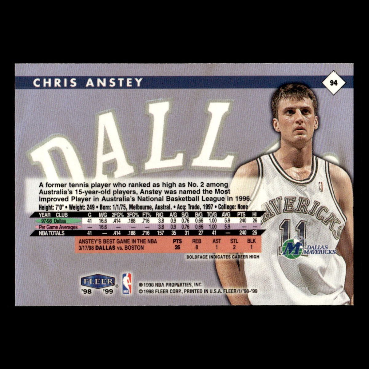 Chris Anstey #94 1998 Fleer Tradition Dallas Mavericks Basketball Card NBA NM