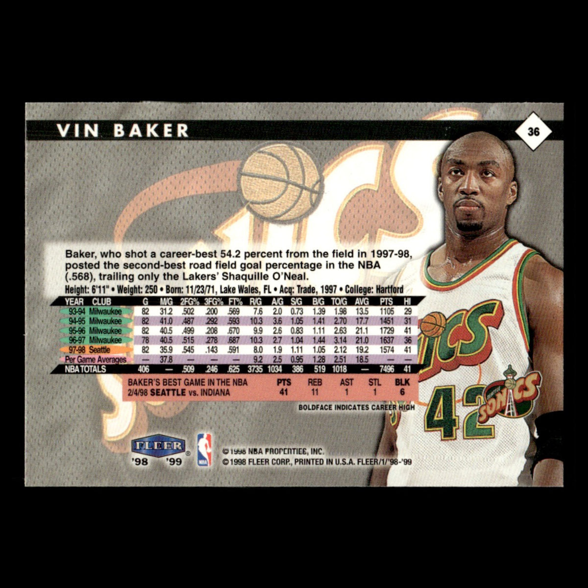Vin Baker #36 1998 Fleer Tradition Seattle SuperSonics Basketball Card NBA NM