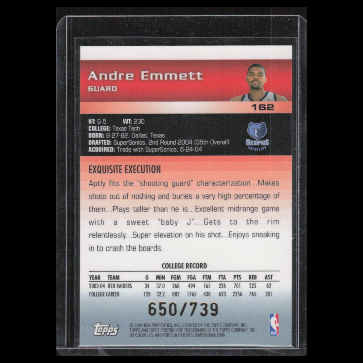 Andre Emmett Rookie /739 #162 2004 Topps Pristine Memphis Grizzlies Basketball