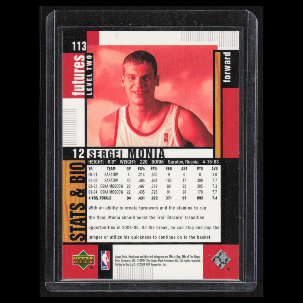 Sergei Monia Rookie /1999 #113 2004 Upper Deck Hardcourt Portland Trail Blazers
