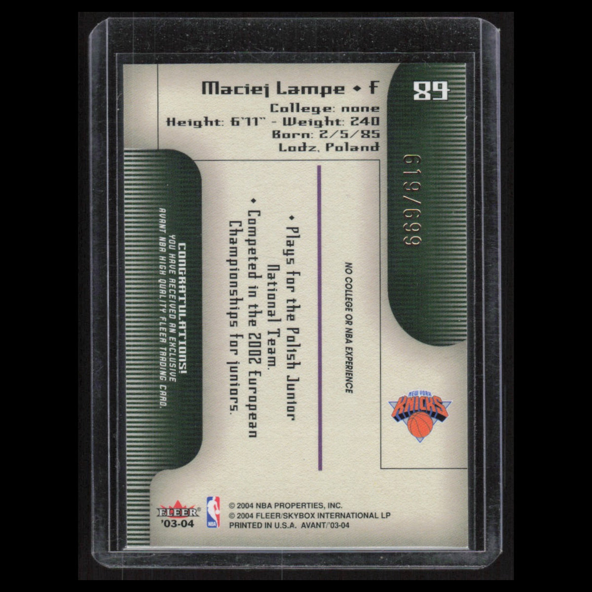 Maciej Lampe Rookie /699 #89 2003 Fleer Avant New York Knicks Basketball Card NM