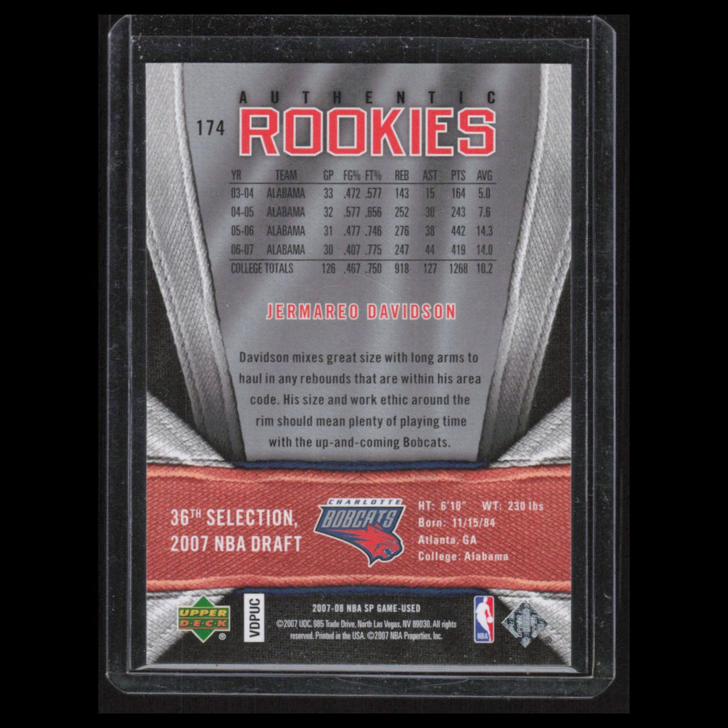 Jermareo Davidson Rookie /999 #174 2007 SP Game Used Gold Charlotte Bobcats Card
