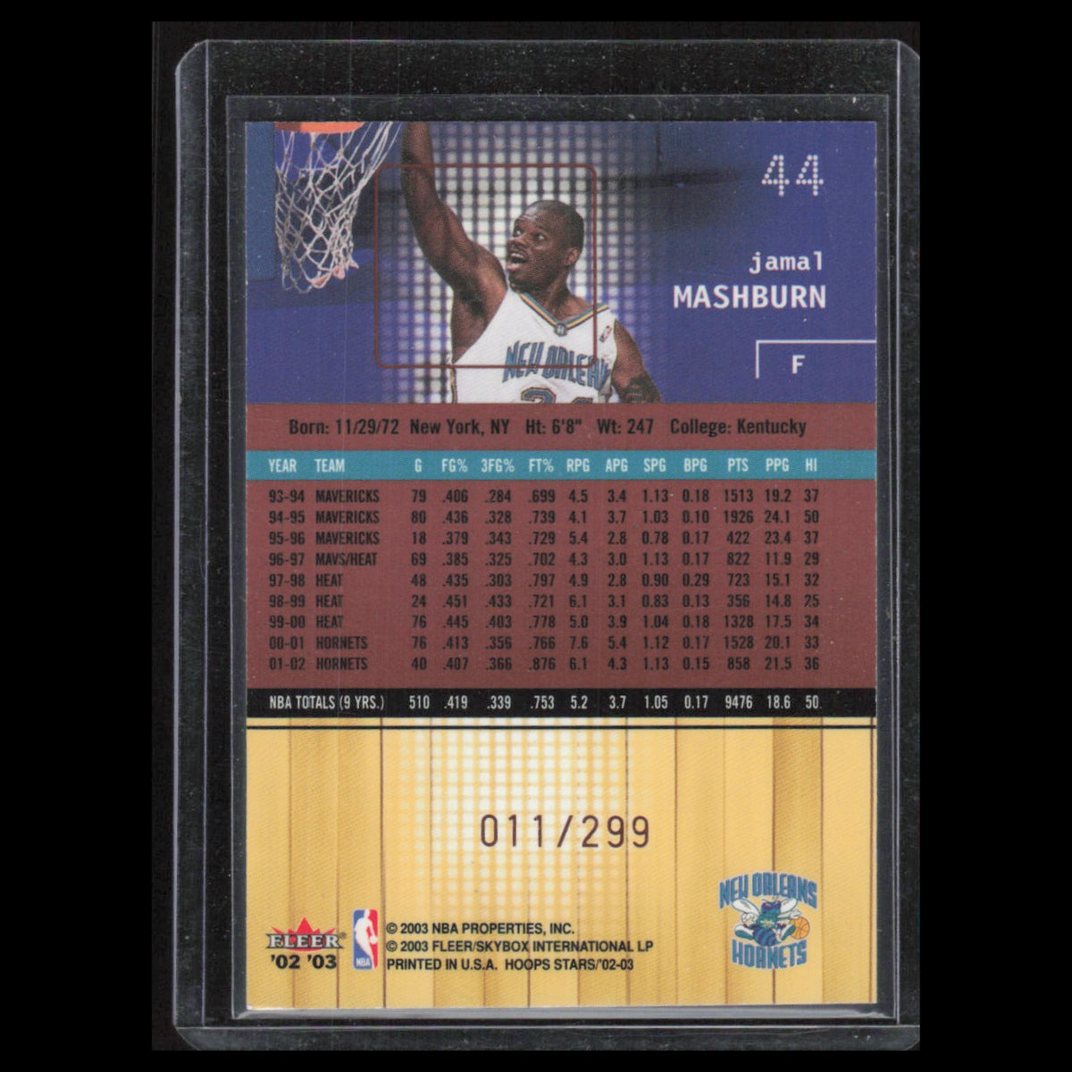Jamal Mashburn Rookie /299 #44 2002 NBA Hoops New Orleans Hornets Basketball NBA