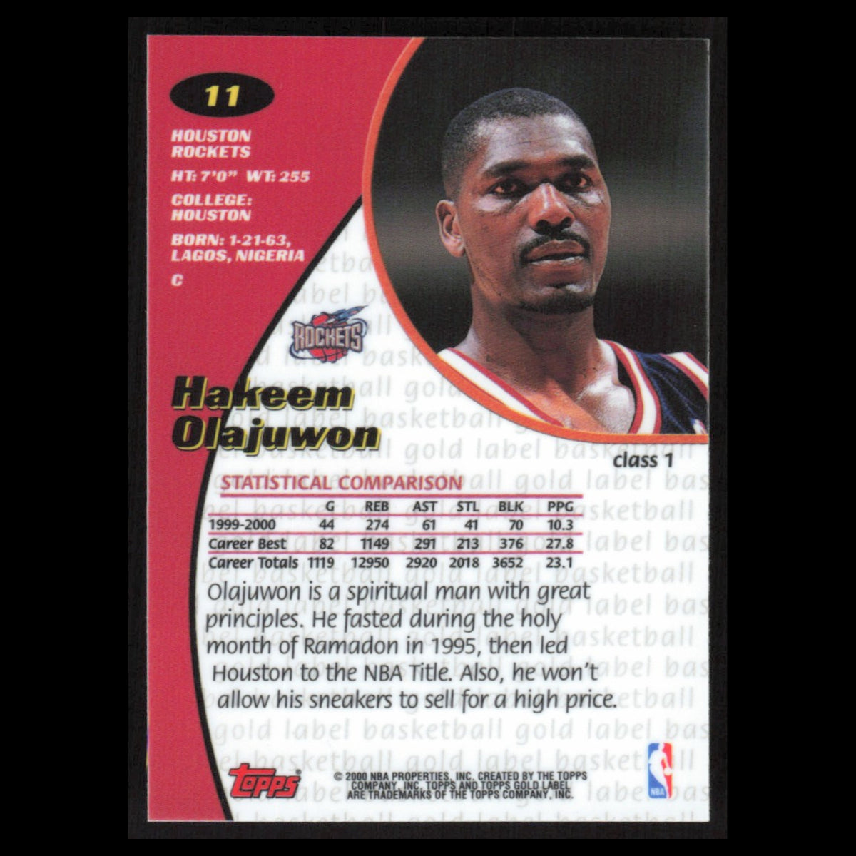 Hakeem Olajuwon #11 2000 Topps Gold Label Houston Rockets Basketball Card NBA NM