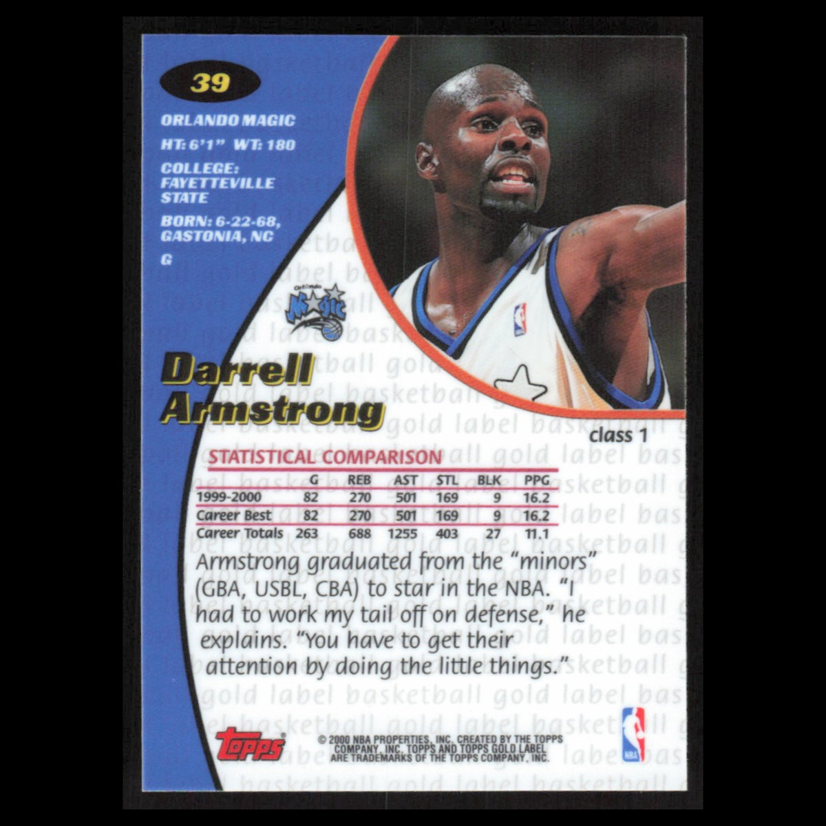 Darrell Armstrong #39 2000 Topps Gold Label Orlando Magic Basketball Card NBA NM