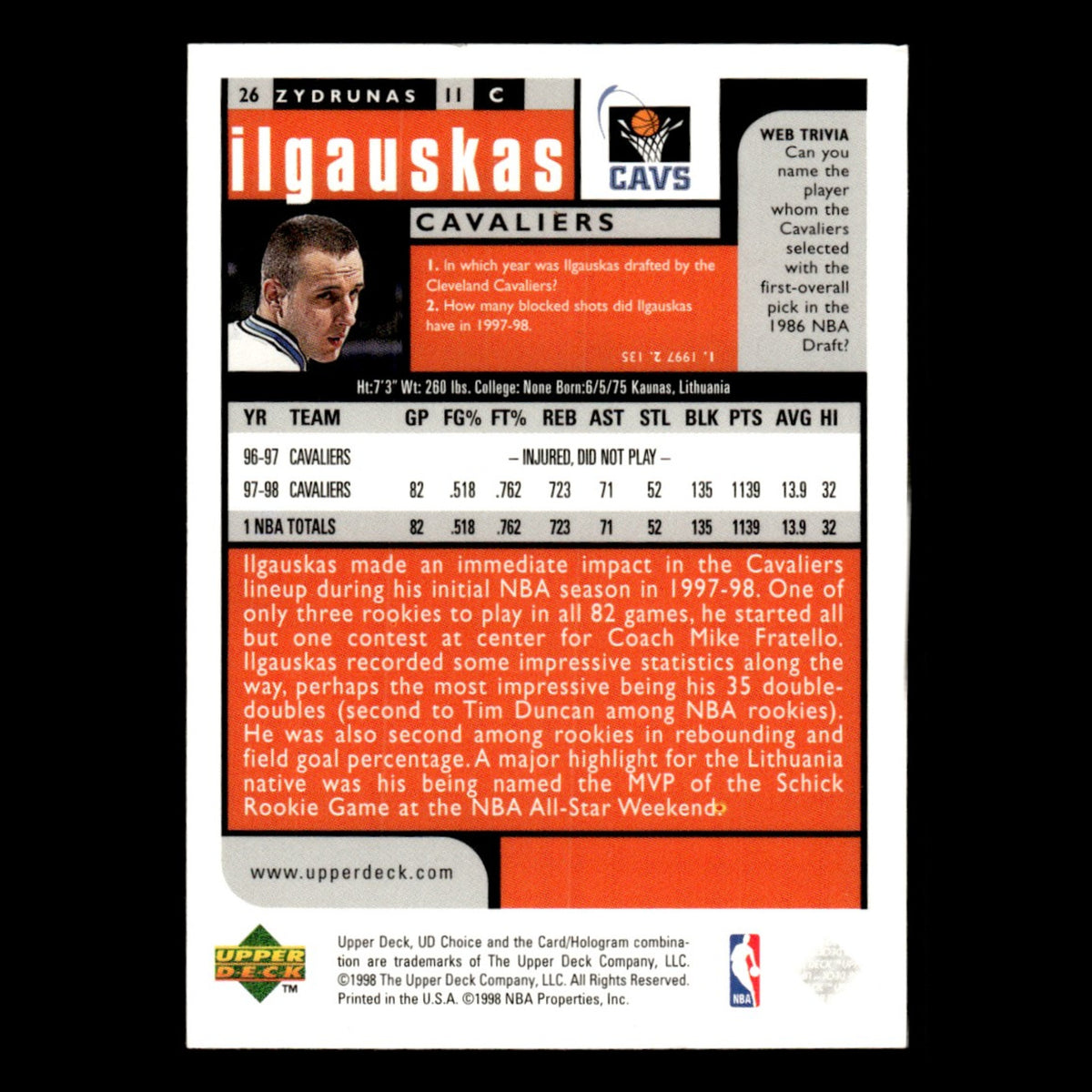 Zydrunas Ilgauskas #26 1998 Upper Deck UD Choice Cleveland Cavaliers Basketball