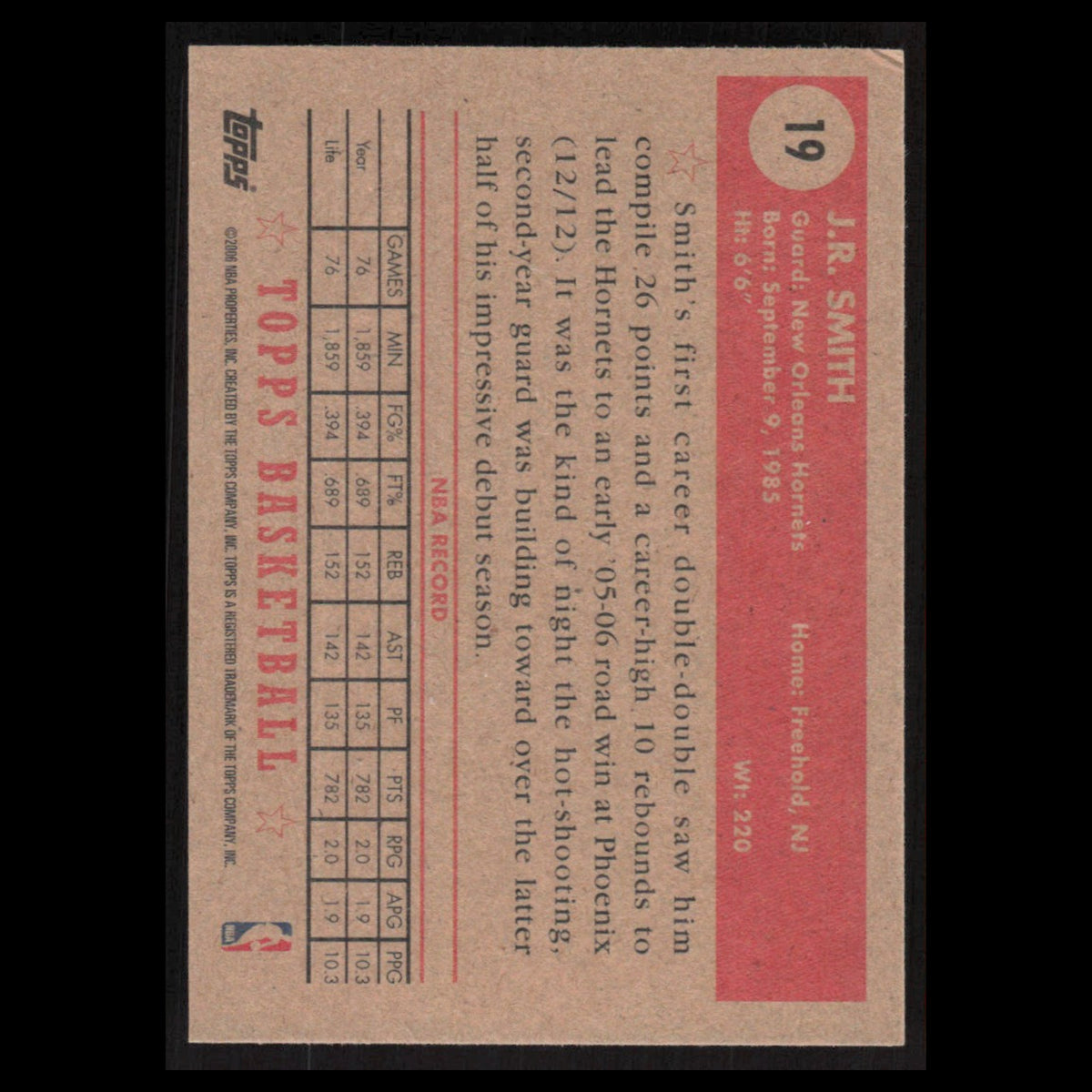 J.R. Smith #19 2005 Topps 1952 Style New Orleans Hornets Basketball Card NBA NM